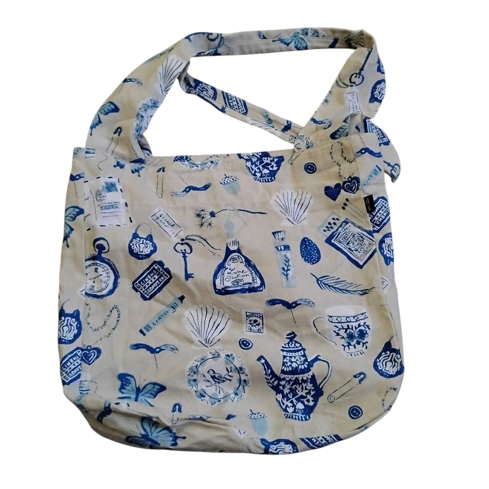 Danica Studio Canvas Tote Bag Blue Eclectic Tea Pot Butterfly Print Cream